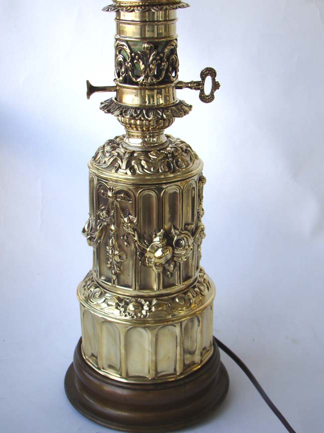 A beautiful pair of 19th century French brass repousse fluid lamps circa 1875, now electrified — image 2